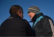 7 January 2018; Dublin manager Pat Gilroy speaks with Antrim coach and former Tipperary manager Liam Sheedy following the Bord na Mona Walsh Cup Group 2 Third Round match between Dublin and Antrim at Parnell Park in Dublin. Photo by David Fitzgerald/Sportsfile