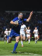 6 January 2018; Fergus McFadden of Leinster celebrates on his way to scoring his side's fourth try during the Guinness PRO14 Round 13 match between Leinster and Ulster at the RDS Arena in Dublin. Photo by Ramsey Cardy/Sportsfile