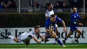 6 January 2018; Jordan Larmour of Leinster scores a try which was subsequently disallowed, despite the tackle of Johnny Stewart of Ulster during the Guinness PRO14 Round 13 match between Leinster and Ulster at the RDS Arena in Dublin. Photo by Ramsey Cardy/Sportsfile