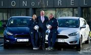 15 January 2018; Ford Ireland renewed its existing partnership with Irish football for 2018 and in doing so, handed over a fleet of new 181 Ford models to the Football Association of Ireland to assist in the delivery of grassroots football and ultimately the future of Irish football. The dual-branded (Ford and FAI) vehicles can be seen around Ireland as the association’s Development Officers and other representatives work on promoting the game countrywide. Pictured is Ciarán McMahon, Managing Director of Ford Ireland, with FAI Football in the Community Development Officers Dave Bell, Cork, and Nicole Dunphy, Laois, in attendance at FAI HQ in Abbotstown, Dublin. Photo by Stephen McCarthy/Sportsfile