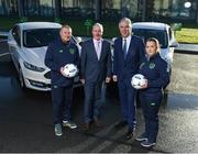 15 January 2018; Ford Ireland renewed its existing partnership with Irish football for 2018 and in doing so, handed over a fleet of new 181 Ford models to the Football Association of Ireland to assist in the delivery of grassroots football and ultimately the future of Irish football. The dual-branded (Ford and FAI) vehicles can be seen around Ireland as the association’s Development Officers and other representatives work on promoting the game countrywide. Pictured are Ciarán McMahon, Managing Director of Ford Ireland, and FAI Chief Executive John Delaney with FAI Football in the Community Development Officers Dave Bell, Cork, and Nicole Dunphy, Laois, in attendance at FAI HQ in Abbotstown, Dublin. Photo by Stephen McCarthy/Sportsfile