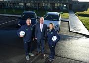 15 January 2018; Ford Ireland renewed its existing partnership with Irish football for 2018 and in doing so, handed over a fleet of new 181 Ford models to the Football Association of Ireland to assist in the delivery of grassroots football and ultimately the future of Irish football. The dual-branded (Ford and FAI) vehicles can be seen around Ireland as the association’s Development Officers and other representatives work on promoting the game countrywide. Pictured is Ciarán McMahon, Managing Director of Ford Ireland, with FAI Football in the Community Development Officers Dave Bell, Cork, and Nicole Dunphy, Laois, in attendance at FAI HQ in Abbotstown, Dublin. Photo by Stephen McCarthy/Sportsfile
