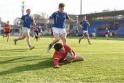 10 January 2018; Cameron Watson of CBC Monkstown goes over to score his side's first try during the Bank of Ireland Leinster Schools Vinnie Murray Cup Round 1 match between Wilson's Hospital and CBC Monkstown at Donnybrook Stadium in Dublin. Photo by Eóin Noonan/Sportsfile