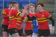 10 January 2018; Harry Shaw, right, of CBC Monkstown celebrates with team-mate Donal Madden after scoring his side's second try during the Bank of Ireland Leinster Schools Vinnie Murray Cup Round 1 match between Wilson's Hospital and CBC Monkstown at Donnybrook Stadium in Dublin. Photo by Eóin Noonan/Sportsfile