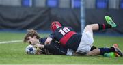 11 January 2018; Keelan Toomey of Mount Temple scores a try against The High School despite the tackle of Cormac Dempsey during the Bank of Ireland Leinster Schools Vinnie Murray Cup Round 1 match between The High School and Mount Temple at Donnybrook Stadium in Dublin. Photo by Matt Browne/Sportsfile