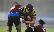 11 January 2018; Ronan McNally of Skerries Community College is tackled by Evan Burke, left, and Sean Chan of Salesian College during the Bank of Ireland Leinster Schools Vinnie Murray Cup Round 1 match between Salesian College and Skerries Community College at Donnybrook Stadium in Dublin. Photo by Matt Browne/Sportsfile