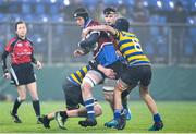 11 January 2018; Ryan Doyle of Salesian College is tackled by Patrick Hutton and Ronan McNally of Skerries Community College during the Bank of Ireland Leinster Schools Vinnie Murray Cup Round 1 match between Salesian College and Skerries Community College at Donnybrook Stadium in Dublin. Photo by Matt Browne/Sportsfile