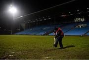 12 January 2018; Ground staff member Michael Corbett, from Ballintubber, attempts to remove water from the pitch before the Connacht FBD League Round 2 refixture match between Mayo and Galway at Elverys MacHale Park in Castlebar, Mayo. Photo by Piaras Ó Mídheach/Sportsfile