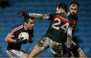 12 January 2018; Cathal Sweeney of Galway in action against Shane Nally and Jason Gibbons, right, of Mayo during the Connacht FBD League Round 2 refixture match between Mayo and Galway at Elverys MacHale Park in Castlebar, Mayo. Photo by Piaras Ó Mídheach/Sportsfile