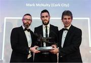 12 January 2018; Mark McNulty of Cork City is presented with his Goalkeeper of the Year award by Mark McCadden, President of the SWAI, left, and Alan O'Neill, right, during the SSE Airtricity / Soccer Writers Association of Ireland Awards 2017 at The Conrad Hotel in Dublin. Photo by Stephen McCarthy/Sportsfile