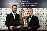 12 January 2018; Cork City goalkeeper Mark McNulty, with the Goalkeeper of the Year award, and Cork City manager John Caulfield, with the Personality of the Year award, during the SSE Airtricity / Soccer Writers Association of Ireland Awards 2017 at The Conrad Hotel in Dublin. Photo by Stephen McCarthy/Sportsfile