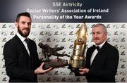 12 January 2018; Cork City goalkeeper Mark McNulty, with the Goalkeeper of the Year award, and Cork City manager John Caulfield, with the Personality of the Year award, during the SSE Airtricity / Soccer Writers Association of Ireland Awards 2017 at The Conrad Hotel in Dublin. Photo by Stephen McCarthy/Sportsfile