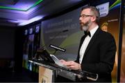 12 January 2018; SWAI President Mark McCadden speaking during the SSE Airtricity / Soccer Writers Association of Ireland Awards 2017 at The Conrad Hotel in Dublin. Photo by Stephen McCarthy/Sportsfile