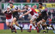 13 January 2018; Jeremy Sinzelle of La Rochelle is tackled by Rory Best, left, and Alan O'Connor of Ulster during the European Rugby Champions Cup Pool 1 Round 5 match between Ulster and La Rochelle at the Kingspan Stadium in Belfast. Photo by Ramsey Cardy/Sportsfile