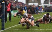 13 January 2018; Jacob Stockdale of Ulster going over for his side's second try despite the tackle of Alexis Balès of La Rochelle during the European Rugby Champions Cup Pool 1 Round 5 match between Ulster and La Rochelle at the Kingspan Stadium in Belfast. Photo by Oliver McVeigh/Sportsfile
