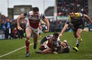 13 January 2018; Jacob Stockdale of Ulster on his way to scoring his side's second try during the European Rugby Champions Cup Pool 1 Round 5 match between Ulster and La Rochelle at the Kingspan Stadium in Belfast. Photo by Oliver McVeigh/Sportsfile