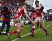 13 January 2018; Jacob Stockdale of Ulster celebrates with Louis Ludik of Ulster after going over for his side's second try despite the tackle of Alexis Balès of La Rochelle during the European Rugby Champions Cup Pool 1 Round 5 match between Ulster and La Rochelle at the Kingspan Stadium in Belfast. Photo by Oliver McVeigh/Sportsfile