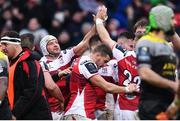 13 January 2018; Rory Best of Ulster celebrates with team-mate Darren Cave after his side's third try during the European Rugby Champions Cup Pool 1 Round 5 match between Ulster and La Rochelle at the Kingspan Stadium in Belfast. Photo by Ramsey Cardy/Sportsfile