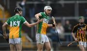 13 January 2018; Conor Mahon of Offaly, centre, celebrates with teammate Colm Gath after scoring his side's first goal during the Bord na Mona Walsh Cup semi-final match between Offaly and Kilkenny at Bord na Mona O'Connor Park in Offaly. Photo by Sam Barnes/Sportsfile