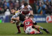 13 January 2018; Alexis Balès of La Rochelle is tackled by Louis Ludik and Jacob Stockdale of Ulster during the European Rugby Champions Cup Pool 1 Round 5 match between Ulster and La Rochelle at the Kingspan Stadium in Belfast. Photo by Oliver McVeigh/Sportsfile