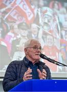 13 January 2018; Cork Camogie and Ladies Football legend Rena Buckley was today honoured by both the Camogie Association and Ladies Gaelic Football Association in a special event hosted in Cork’s Páirc Uí Chaoimh to recognise her extraordinary achievements in her career to date. Rena was presented with a special sculpture to mark her incredible haul of All-Ireland titles in both codes which now total 11 titles in Ladies Football and 7 in Camogie to make her the most successful player in Gaelic Games with 18 All-Ireland titles in addition to numerous other club, county and individual accolades. In 2017 she also completed the unique achievement of having captained her county to glory in both Camogie and Ladies Football during her career. The Presidents of both Associations, Catherine Neary of the Camogie Association and Marie Hickey of the LFGA were on hand to present Rena with her award along with a host of friends, family, current and former teammates amongst the attendees at today’s event. Pictured speaking at the event is former Cork ladies football manager Eamonn Ryan, at Páirc Uí Chaoimh in Cork. Photo by Seb Daly/Sportsfile