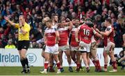 13 January 2018; Ulster players celebrate as referee Wayne Barnes blows the final whistle in the European Rugby Champions Cup Pool 1 Round 5 match between Ulster and La Rochelle at the Kingspan Stadium in Belfast. Photo by Oliver McVeigh/Sportsfile