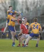 13 January 2018; Daniel O'Callaghan of Cork in action against Sean O'Donoghue and Cathal O'Connor of Clare during the McGrath Cup Final between Cork and Clare at Mallow GAA Complex in Mallow, Co. Cork. Photo by Diarmuid Greene/Sportsfile