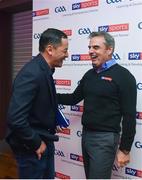 14 January 2018; Irish golfer and former Ryder Cup captain, Paul McGinley was at Croke Park at the weekend to discuss the importance of teamwork at the GAA Games Development Conference in partnership with Sky Sports. Paul’s attendance at the event is part of Sky Sports’ commitment in supporting the GAA at grassroots level. Throughout 2017 to 2021, Sky Sports will invest €3million over a five-year period into grassroots which will include leveraging its links to world-class elite sportspeople across three initiatives; the GAA Games Development Conference; the GAA Youth Forum and the GAA Super Games Centres. Paul McGinley pictured with Jason Sherlock Photo by David Fitzgerald/Sportsfile