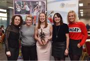 13 January 2018; Cork Camogie and Ladies Football legend Rena Buckley was today honoured by both the Camogie Association and Ladies Gaelic Football Association in a special event hosted in Cork’s Páirc Uí Chaoimh to recognise her extraordinary achievements in her career to date. Rena was presented with a special sculpture to mark her incredible haul of All-Ireland titles in both codes which now total 11 titles in Ladies Football and 7 in Camogie to make her the most successful player in Gaelic Games with 18 All-Ireland titles in addition to numerous other club, county and individual accolades. In 2017 she also completed the unique achievement of having captained her county to glory in both Camogie and Ladies Football during her career. The Presidents of both Associations, Catherine Neary of the Camogie Association and Marie Hickey of the LFGA were on hand to present Rena with her award along with a host of friends, family, current and former teammates amongst the attendees at today’s event. Pictured are Rena Buckley, with former Cork ladies footballers, from left, Geraldine O'Flynn, Briege Corkery, Norita Kelly, and current Cork ladies footballer Bríd Stack, at Páirc Uí Chaoimh in Cork. Photo by Seb Daly/Sportsfile