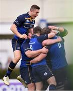 14 January 2018; Jordi Murphy of Leinster celebrates with team-mates, including Jordan Larmour, top, after scoring his side's first try during the European Rugby Champions Cup Pool 3 Round 5 match between Leinster and Glasgow Warriors at the RDS Arena in Dublin. Photo by Ramsey Cardy/Sportsfile
