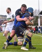 14 January 2018; Scott Fardy of Leinster is congratulated by team mate Tadhg Furlong after scoring his side's fourth try during the European Rugby Champions Cup Pool 3 Round 5 match between Leinster and Glasgow Warriors at the RDS Arena in Dublin. Photo by David Fitzgerald/Sportsfile