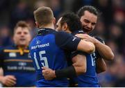 14 January 2018; Isa Nacewa is congratulated by his Leinster team-mates Jordan Larmour, 15, and James Lowe, right, after scoring their sixth try during the European Rugby Champions Cup Pool 3 Round 5 match between Leinster and Glasgow Warriors at the RDS Arena in Dublin. Photo by Stephen McCarthy/Sportsfile
