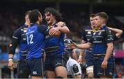 14 January 2018; James Lowe of Leinster celebrates with team-mate Isa Nacewa, left, after scoring his side's seventh try during the European Rugby Champions Cup Pool 3 Round 5 match between Leinster and Glasgow Warriors at the RDS Arena in Dublin. Photo by Ramsey Cardy/Sportsfile