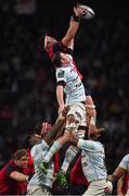 14 January 2018; Billy Holland of Munster wins a lineout against Donnacha Ryan of Racing 92 during the European Rugby Champions Cup Pool 4 Round 5 match between Racing 92 and Munster at the U Arena in Paris, France. Photo by Brendan Moran/Sportsfile
