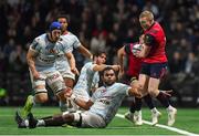 14 January 2018; Keith Earls of Munster attempts to avoid going into touch after evading the tackle of Leone Nakawara of Racing 92 during the European Rugby Champions Cup Pool 4 Round 5 match between Racing 92 and Munster at the U Arena in Paris, France. Photo by Brendan Moran/Sportsfile