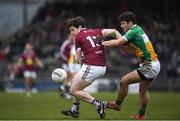 14 January 2018; Callum McCormack of Westmeath in action against David Brady of Offaly during the Bord na Mona O'Byrne Cup semi-final match between Westmeath and Offaly at Cusack Park, in Mullingar, Westmeath. Photo by Sam Barnes/Sportsfile