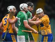 14 January 2018; Aaron Gillane and Gearoid Hegarty of Limerick tussle off the ball with Patrick O'Connor and Conor Cleary of Clare during Co-Op Superstores Munster Senior Hurling League Final between Limerick and Clare at Gaelic Grounds in Limerick. Photo by Diarmuid Greene/Sportsfile