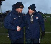 14 January 2018; Managers Andy McEntee of Meath, left, and Denis Connerton of Longford shake hands following the Bord na Mona O'Byrne Cup semi-final match between Meath and Longford at Páirc Táilteann in Navan, Meath. Photo by Seb Daly/Sportsfile