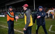 14 January 2018; Clare joint managers Donal Moloney and Gerry O'Connor exchange handshakes with Limerick coach Paul Kinnerk after Co-Op Superstores Munster Senior Hurling League Final between Limerick and Clare at Gaelic Grounds in Limerick. Photo by Diarmuid Greene/Sportsfile