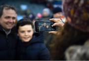 14 January 2018; Amanda Delaney takes a photo of her son, Dara, aged 11, from Ballyboden, with Wexford manager Davy Fitzgerald after the Bord na Mona Walsh Cup semi-final match between Dublin and Wexford at Parnell Park in Dublin. Photo by Daire Brennan/Sportsfile