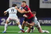 14 January 2018; Andrew Conway of Munster is tackled by Marc Andreu, left, and Louis Dupichot of Racing 92 during the European Rugby Champions Cup Pool 4 Round 5 match between Racing 92 and Munster at the U Arena in Paris, France. Photo by Brendan Moran/Sportsfile