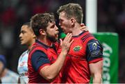 14 January 2018; Chris Farrell of Munster is congratulated on scoring his side's third try by Rhys Marshall, left, during the European Rugby Cup Pool 4 Round 5 match between Racing 92 and Munster at the U Arena in Paris, France. Photo by Brendan Moran/Sportsfile