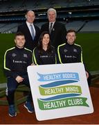 15 January 2018; An independent evaluation by the Centre for Health Behaviour Research, Department of Health, Sport and Exercise Science, Waterford IT has revealed that the GAA Healthy Club Project (HCP) is already showing significant and lasting improvements to the health of communities across Ireland. Stemming from this, the Healthy Club Project is calling on further clubs to make the GAA a healtheir place for everyone to enjoy, by signing up to this transformative initiative. Clubs can apply to participate in the Healthy Club Project by completing the online form on www.gaa.ie/community The closing date is Monday, January 29th. Pictured at the launch are, back row, Irish Life CEO, David Harney, left, with Uachtarán Chumann Lúthchleas Gael Aogán Ó Fearghail. Front row, from left, Waterford hurler Jamie Barron, Dublin ladies footballer Lyndsey Davey, and Mayo footballer Diarmuid O'Connor at Croke Park in Dublin. Photo by Piaras Ó Mídheach/Sportsfile