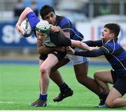 15 January 2018; Colman Finlay of Dundalk Grammar School is tackled by Kevin George and Adam Woolfson of Mount Temple during the Community School Bank of Ireland Leinster Schools Fr. Godfrey Cup Round 1 match between Dundalk Grammar School and Mount Temple at Donnybrook Stadium in Dublin. Photo by Matt Browne/Sportsfile