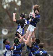 15 January 2018; Adam Bingham of Mount Temple takes the ball in the lineout against Jonah Power of Dundalk Grammar School during the Community School Bank of Ireland Leinster Schools Fr. Godfrey Cup Round 1 match between Dundalk Grammar School and Mount Temple at Donnybrook Stadium in Dublin. Photo by Matt Browne/Sportsfile