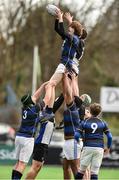 15 January 2018; Adam Bingham of Mount Temple takes the ball in the lineout against Jonah Power of Dundalk Grammar School during the Community School Bank of Ireland Leinster Schools Fr. Godfrey Cup Round 1 match between Dundalk Grammar School and Mount Temple at Donnybrook Stadium in Dublin. Photo by Matt Browne/Sportsfile