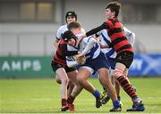 16 January 2018; Cameron Blair of St Andrew's College is tackled by Fiach O'Byrne, left, and Conor Carew of Kilkenny College during the Bank of Ireland Leinster Schools Fr. Godfrey Cup Round 1 match between St Andrew's College and Kilkenny College at Donnybrook Stadium in Dublin.  Photo by Eóin Noonan/Sportsfile