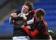 16 January 2018; Stepan Letsko of The High School is tackled by Sean Verdon, hidden, and Christopher Bailey, right, of Wesley College during the Bank of Ireland Leinster Schools Fr. Godfrey Cup Round 1 match between Wesley College and The High School at Donnybrook Stadium in Dublin. Photo by Eóin Noonan/Sportsfile