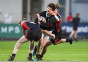 16 January 2018; Stepan Letsko of The High School is tackled by Morgan Collins, left, and Christopher Bailey, right, of Wesley College during the Bank of Ireland Leinster Schools Fr. Godfrey Cup Round 1 match between Wesley College and The High School at Donnybrook Stadium in Dublin.  Photo by Eóin Noonan/Sportsfile