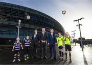 17 January 2018; Aviva Ireland today announced the extension of its naming rights of the Aviva Stadium until 2025. The company, which has been a proud partner to the IRFU and FAI since 2010, also sponsors and supports two successful grassroots programmes – the FAI’s Soccer Sisters programme and the IRFU’s Mini Rugby Festivals, which aid the development of soccer and rugby, respectively, for over 7500 children, every year. At today’s announcement at the Aviva Stadium were Philip Browne, CEO, IRFU, left, Martin Murphy, Stadium Director and John Delaney, CEO, FAI, right, with Terenure RFC mini rugby players Lucas Devlin, age 8, and Bella Devlin, age 9, and Aviva Soccer Sisters participants, and members of Home Farm FC, Danielle Joyce and Abbey Larkin, right, both aged 12. Photo by Stephen McCarthy/Sportsfile